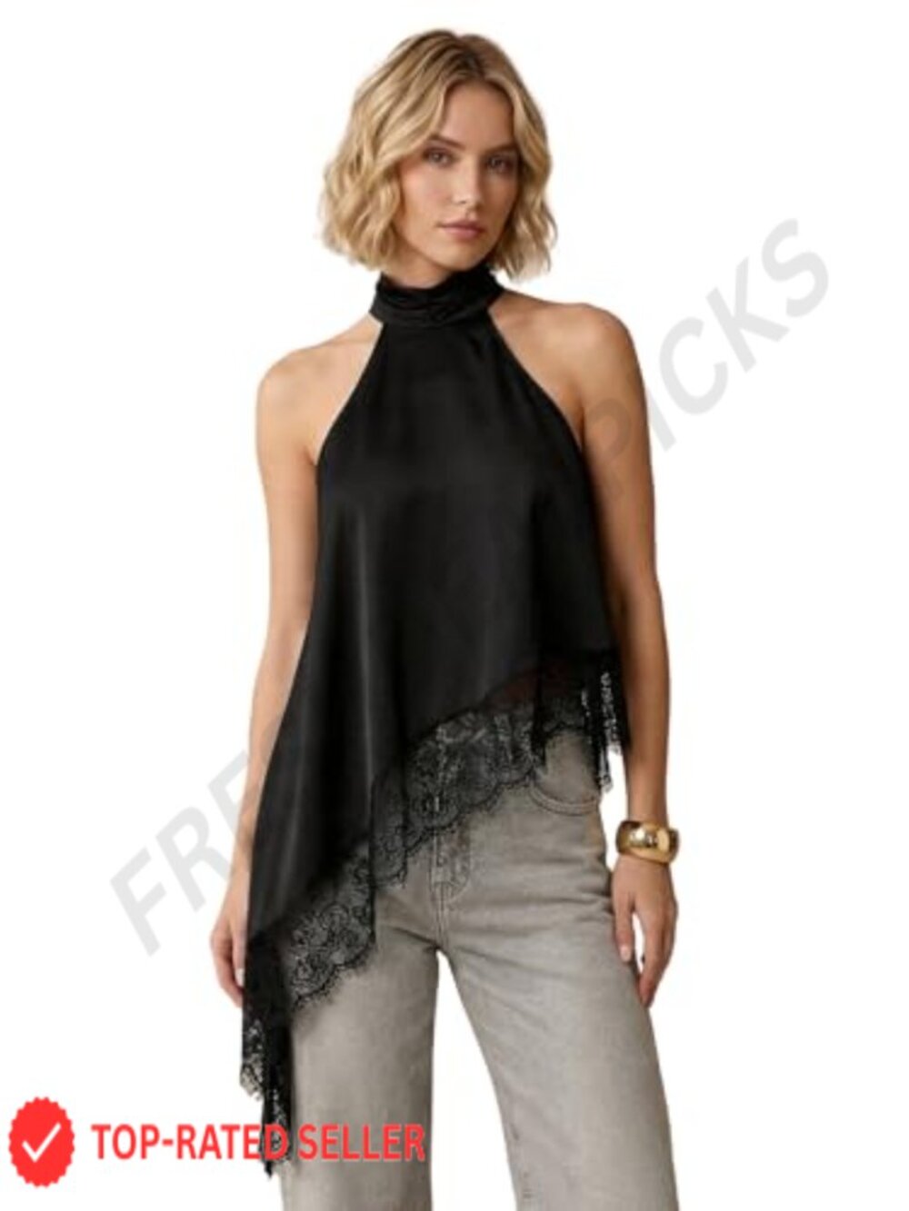Lace Asymmetrical Halter Top Flowy Satin Sleeveless Blouse